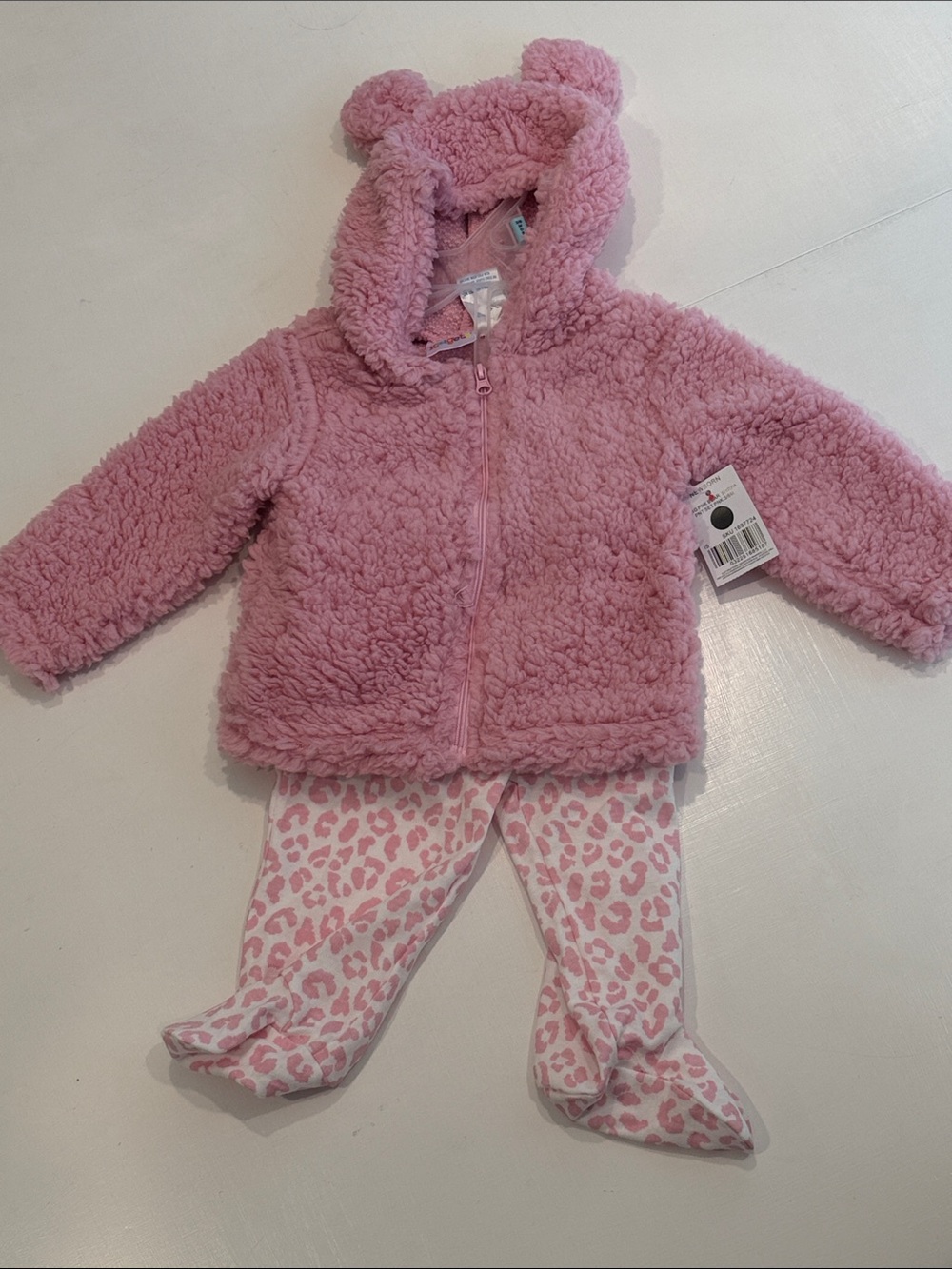 Kidgets Pink Sherpa Hooded Jacket and Pink Leopard Footed Pants Set